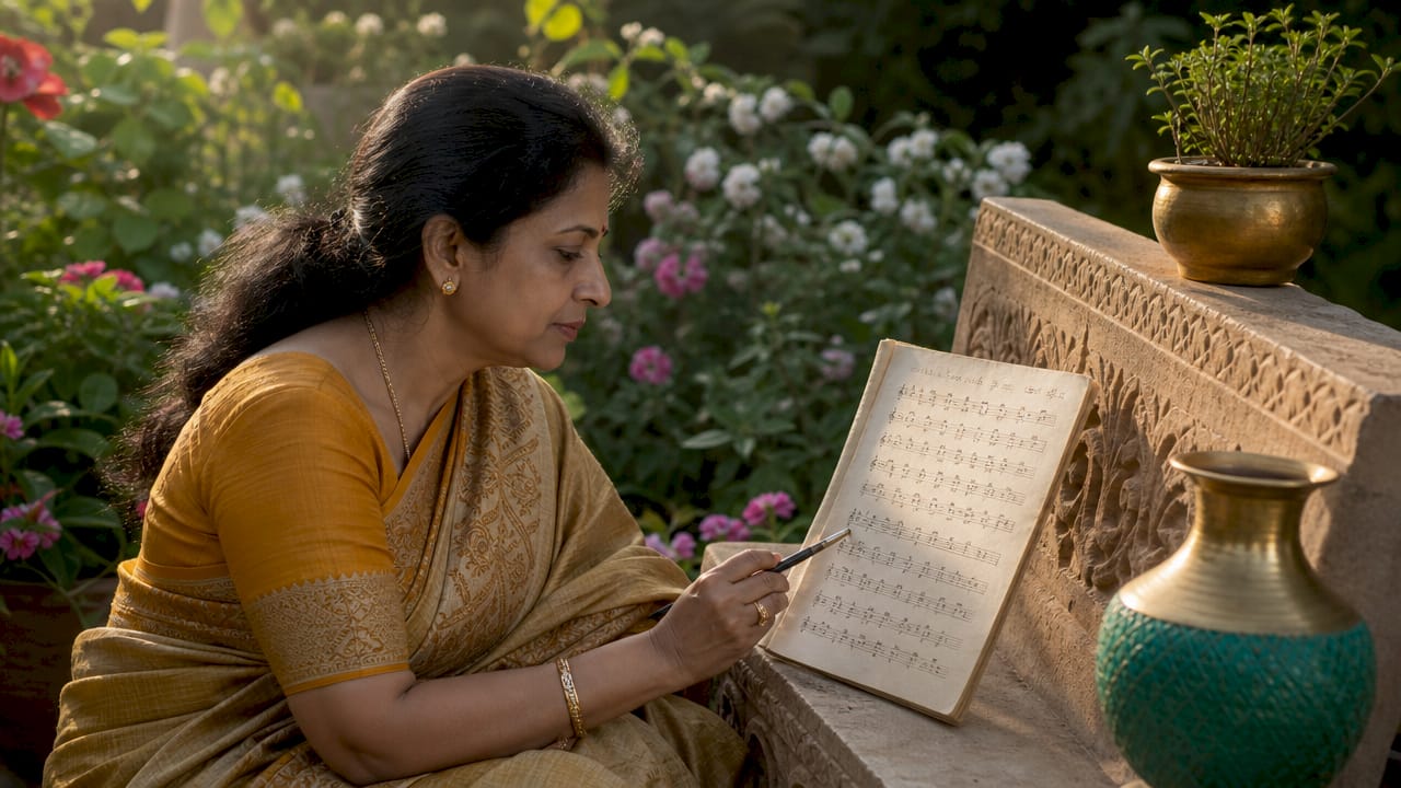 Musician studying Indian notation sheet
