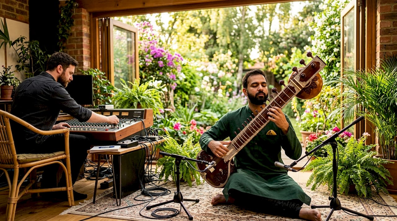 Rajib Karmakar sitarrajib Live Session Sitar Recording: Benefits for Producers 1 Sitarist performing live session in recording studio