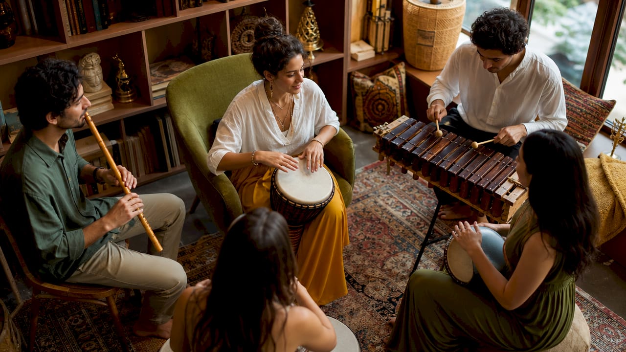 Woman playing hand drum in cultural music setting