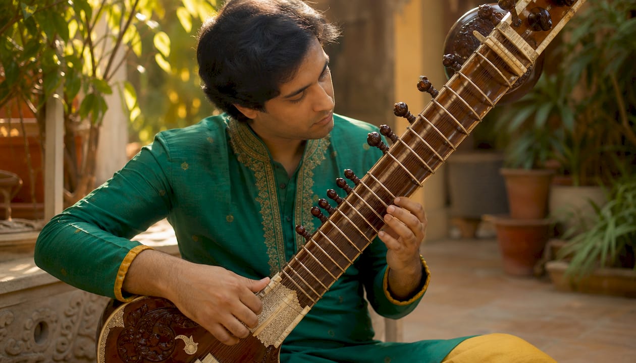 Hands performing meend technique on sitar strings