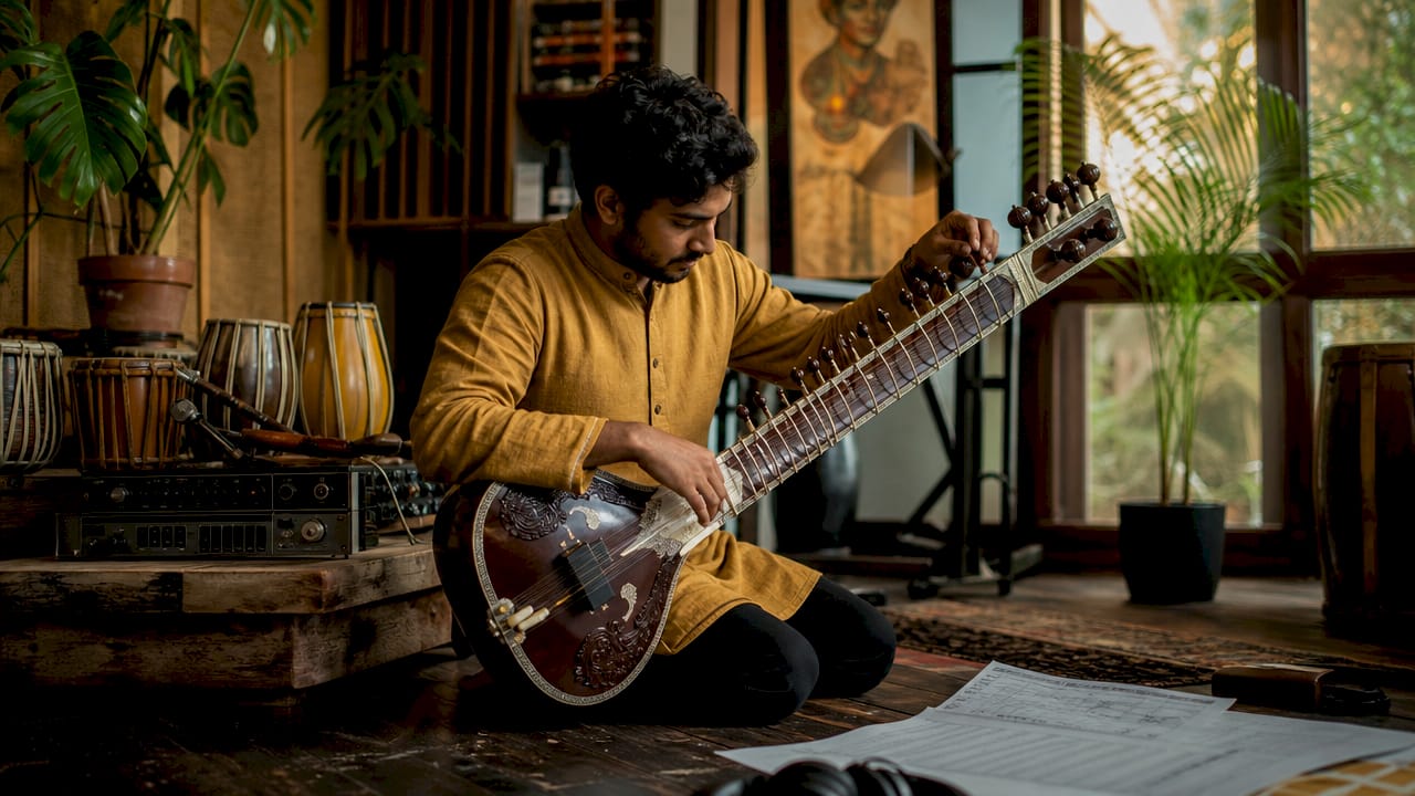 Sound designer tuning sitar in studio