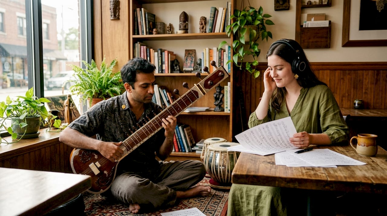 Sitar artist and composer collaborating in music studio