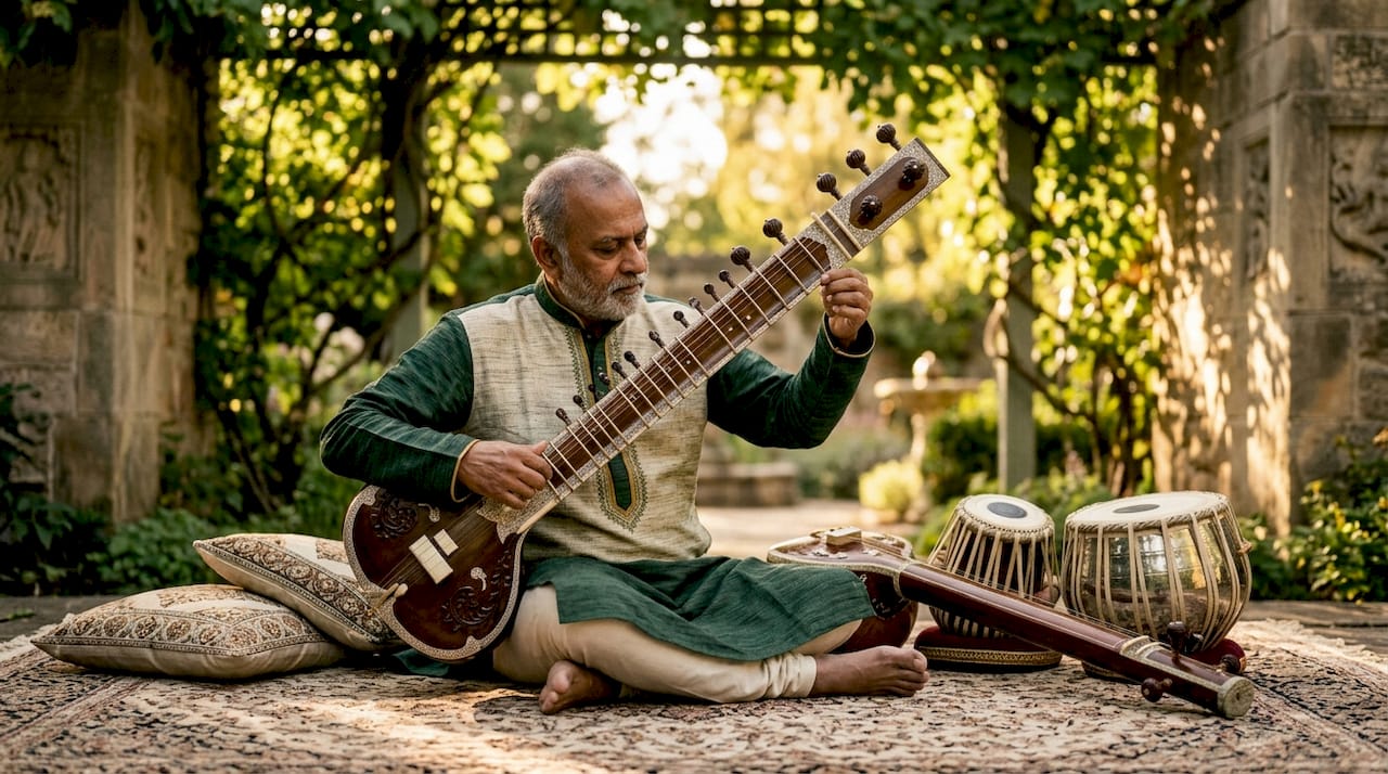 Sitar player preparing for Indian ceremony