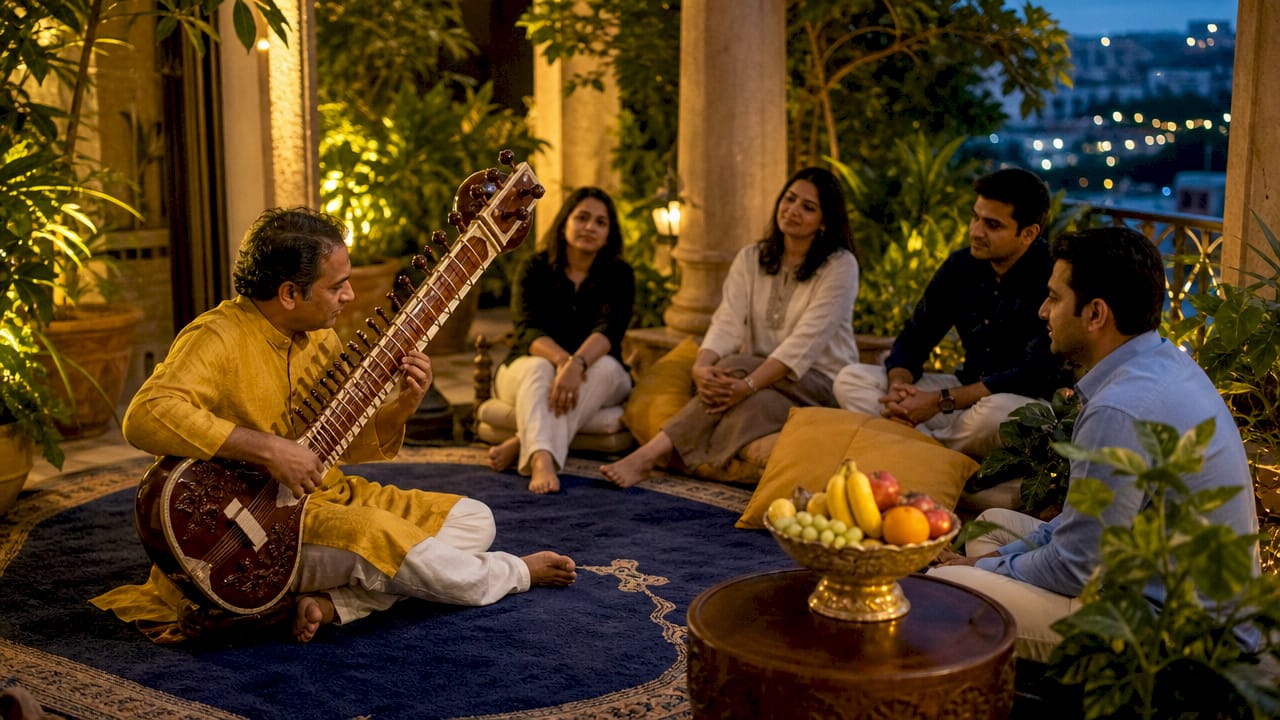 Rajib Karmakar sitarrajib Sitar Performance Benefits for Corporate Events 1 Sitar musician performing at a corporate event lounge