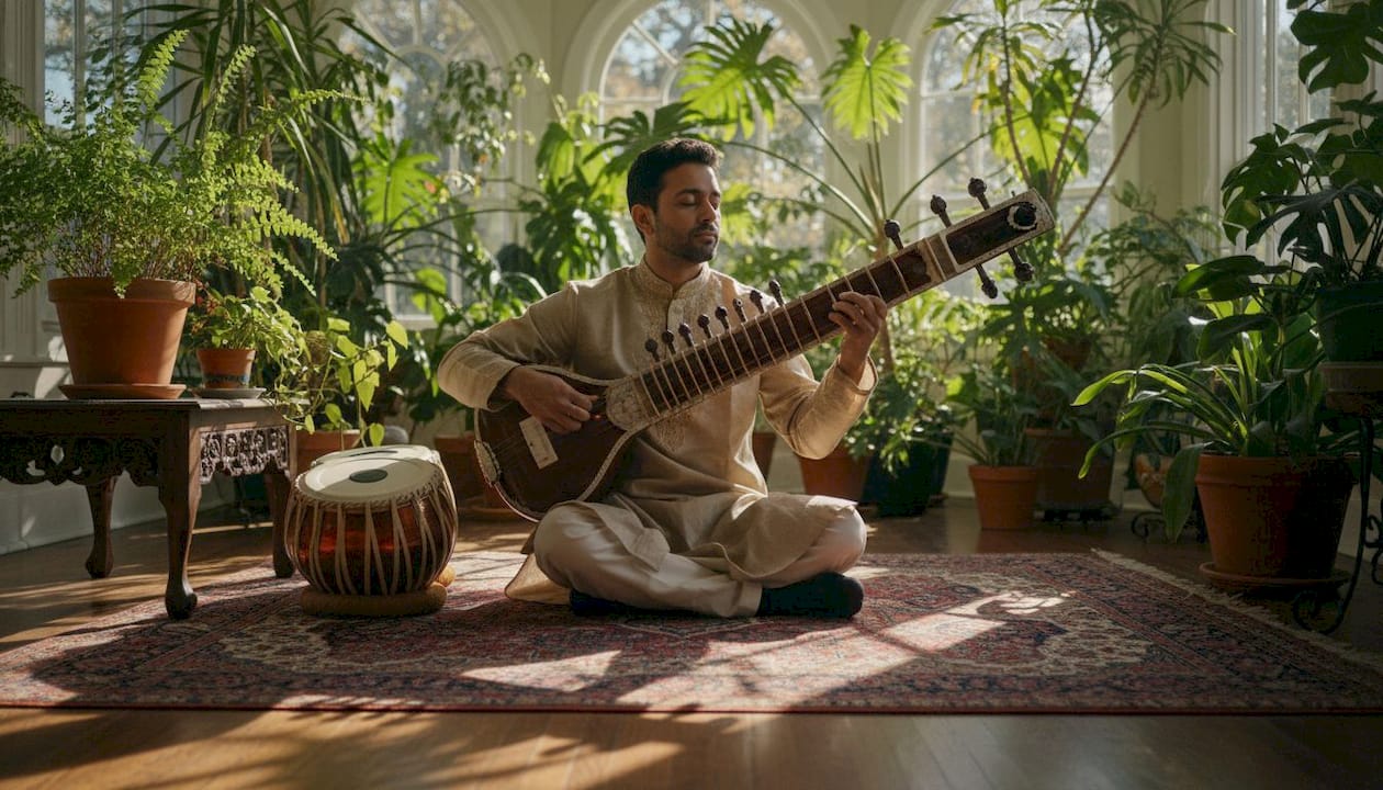 Male sitarist playing sitar in music studio
