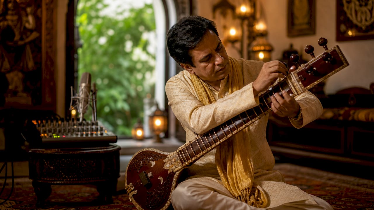Rajib Karmakar sitarrajib Sitar Performance Technical Requirements: 2026 Guide 1 Sitar performer tuning instrument on stage setup
