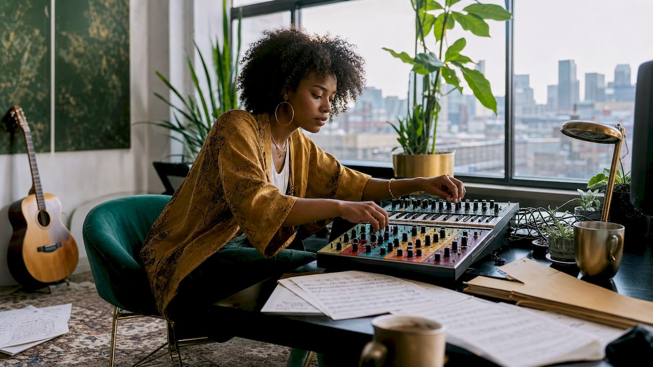 Producer blending music in home studio