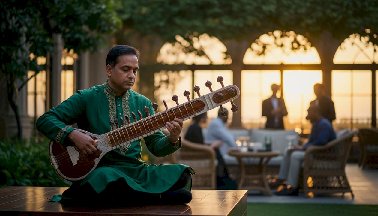 Rajib Karmakar sitarrajib Sitar Music Benefits for Cocktail Hours: A Clear Guide 1 Sitar musician performing at cocktail hour event