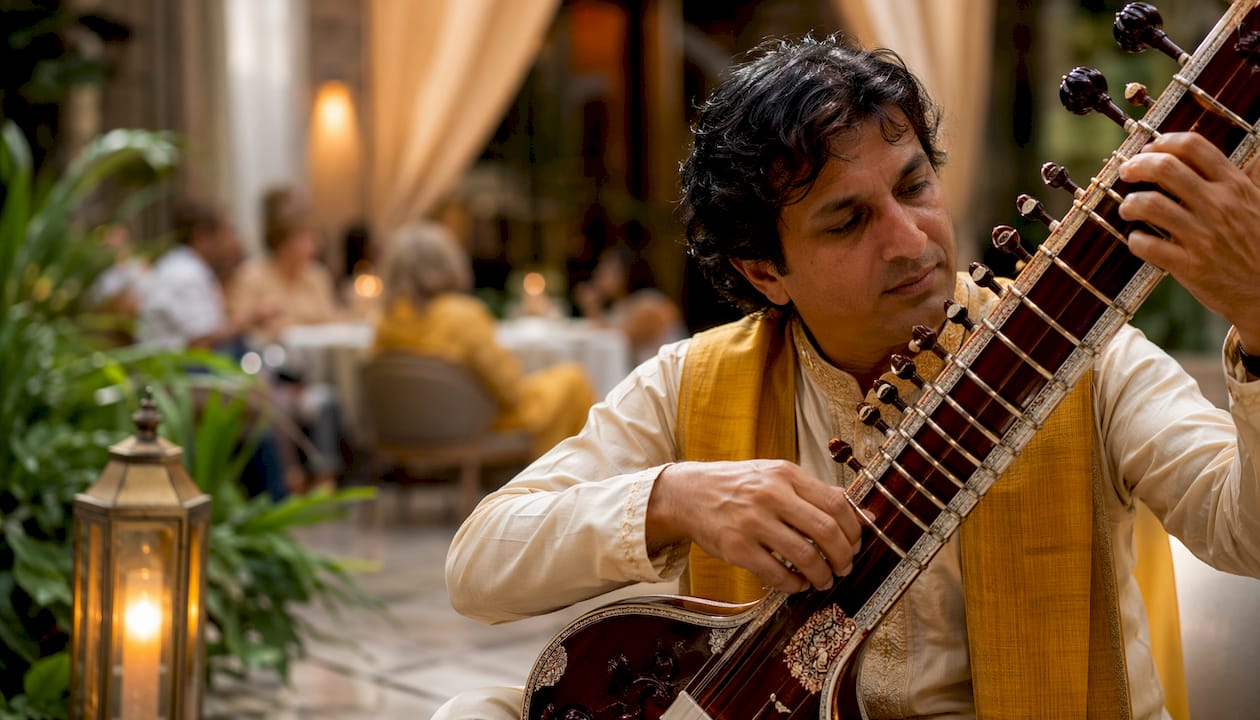 Rajib Karmakar sitarrajib Why Sitar Suits Corporate Events: A 2026 Guide 1 Sitar musician tuning instrument at corporate event