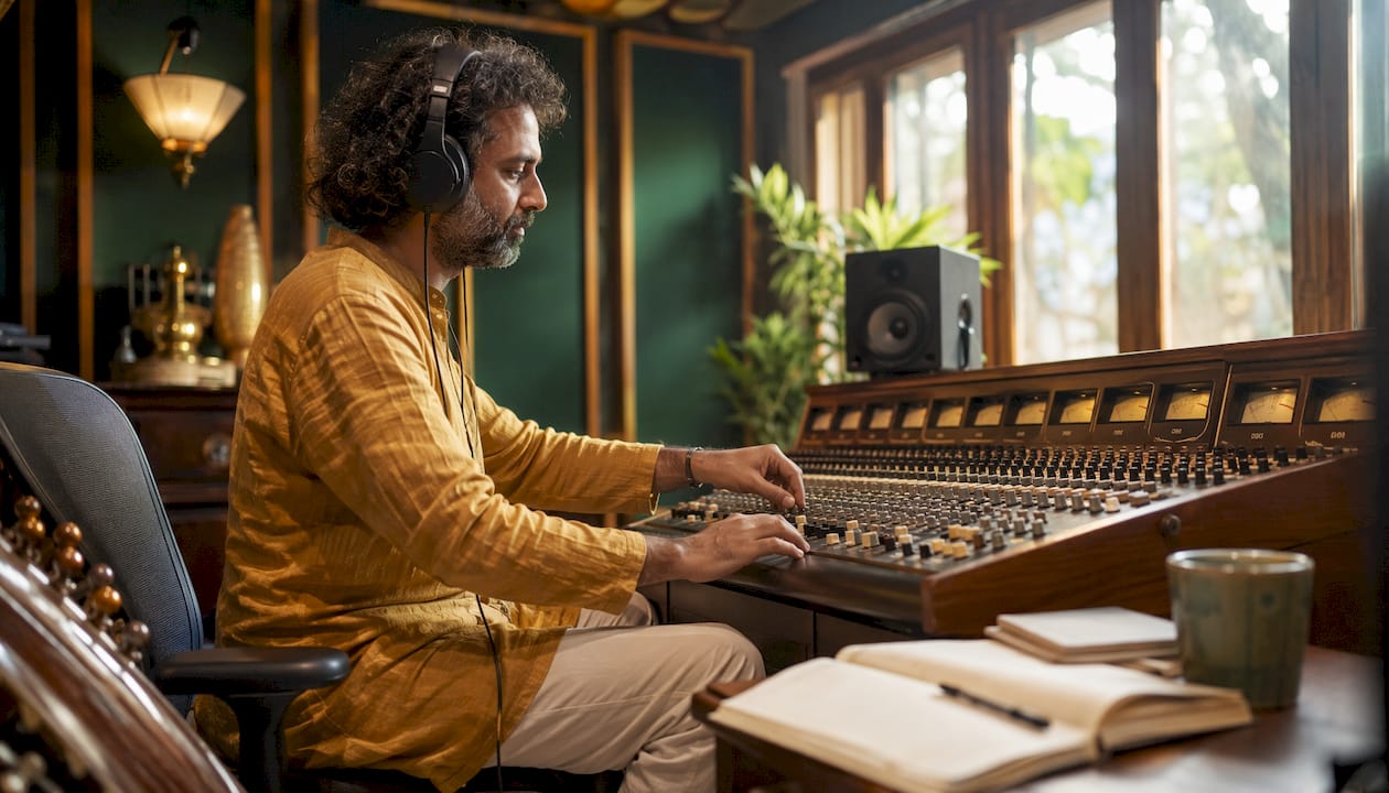 Rajib Karmakar sitarrajib Sitar Recording Techniques for Film Scoring: 2026 Guide 1 Audio engineer adjusting mixing console during sitar session