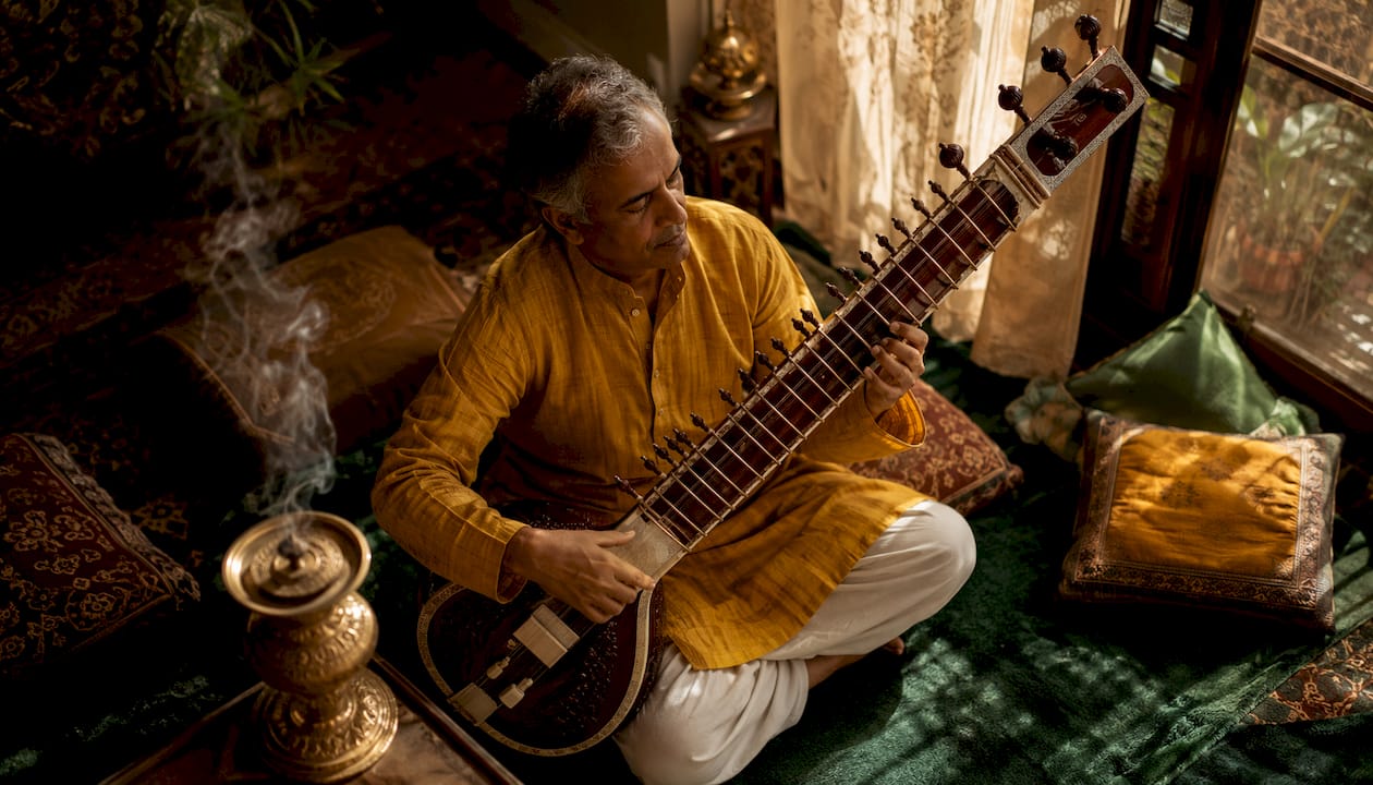 Rajib Karmakar sitarrajib The Sitar's Role in Meditation Music: A Clear Guide 1 Man playing sitar in meditation room