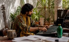 Composer mixing fusion soundtrack in studio