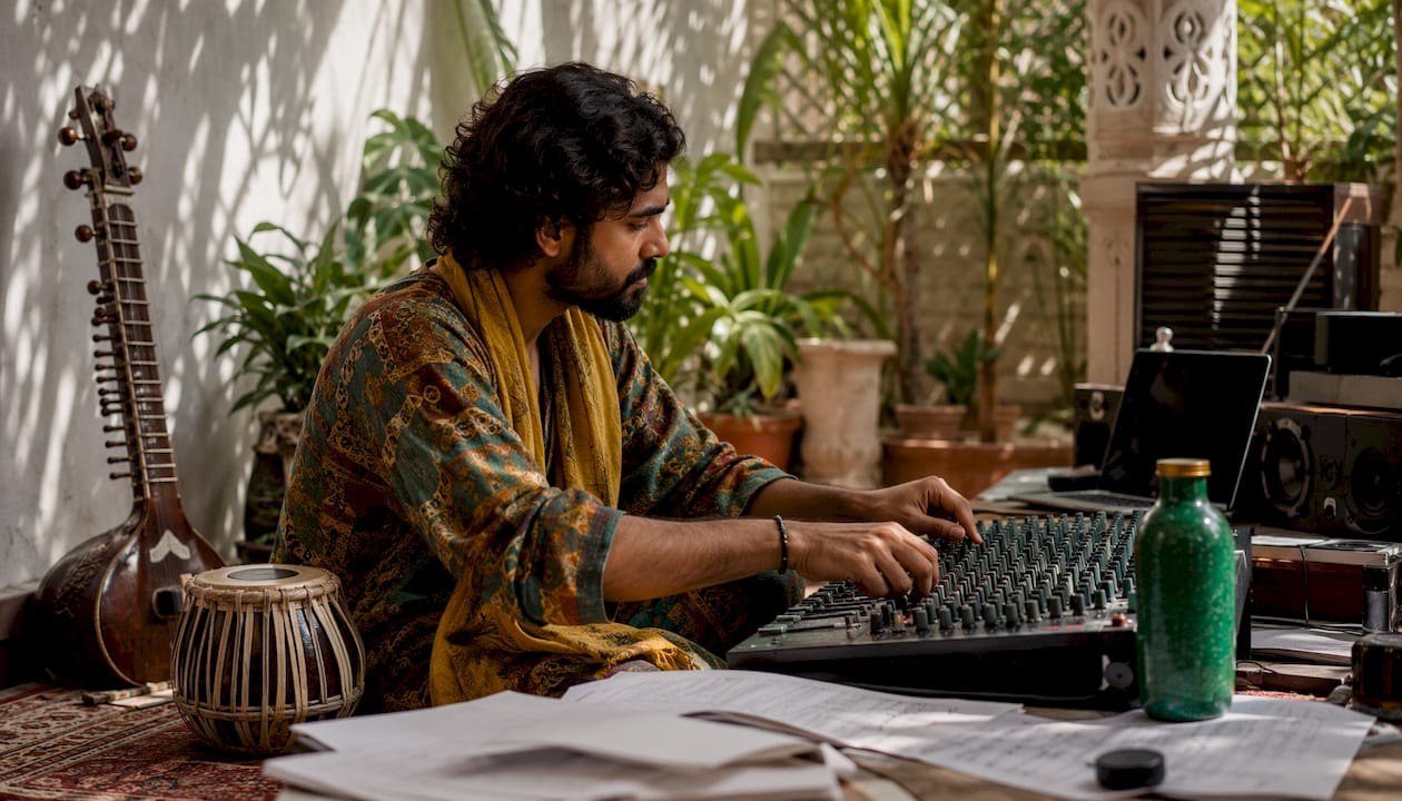 Composer mixing fusion soundtrack in studio
