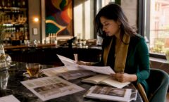 Event planner reviewing background music playlists