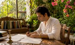 Film composer reviewing motif sketches in home studio
