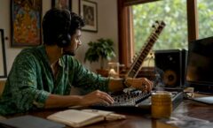 Music producer adjusting mixer near sitar in studio