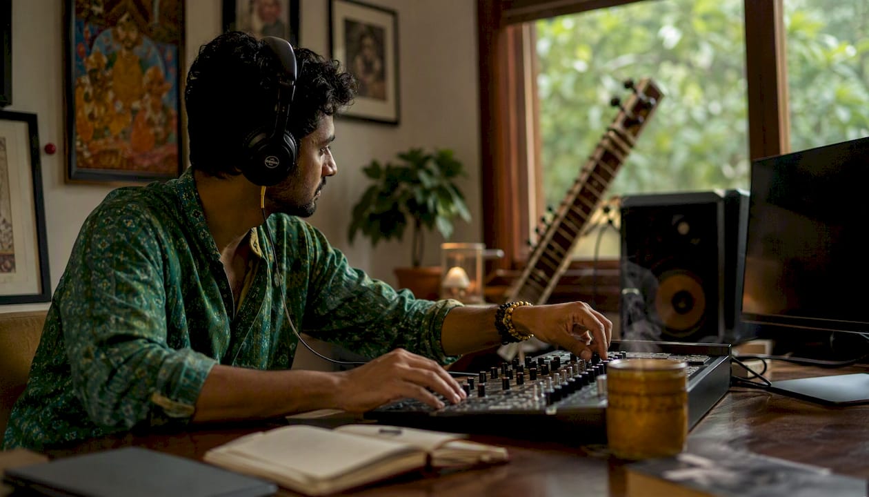 Rajib Karmakar sitarrajib Blend Sitar Into Pop Production: Studio Recipes for Producers 1 Music producer adjusting mixer near sitar in studio