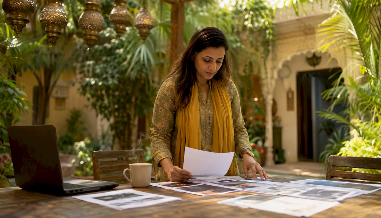 Event planner reviewing cultural artist portfolios