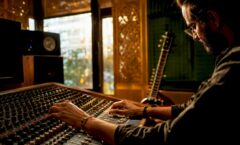 Producer mixing music on analog console