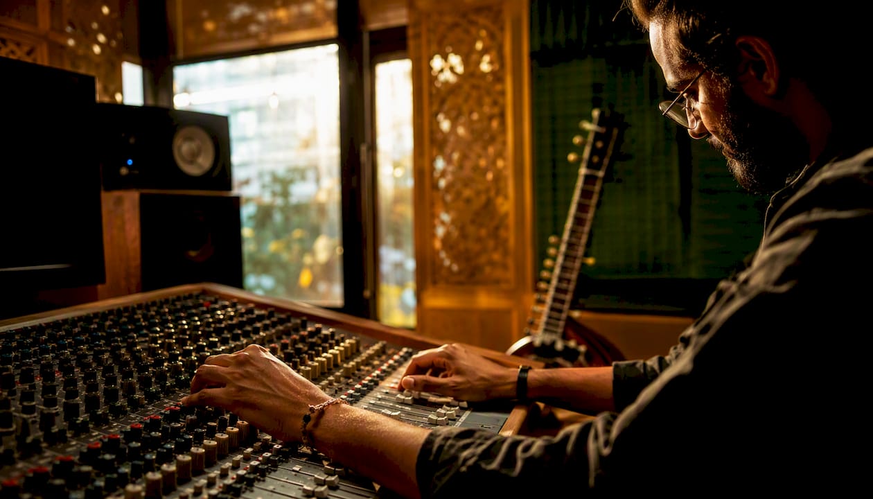 Rajib Karmakar sitarrajib What Is a Music Production Credit: A Clear Guide 1 Producer mixing music on analog console
