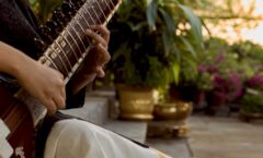 Hands playing sitar in warm practice room