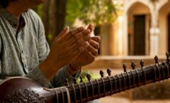 Hands clapping near sitar strings close-up