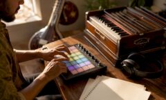 Composer hands sequencing dance music in studio