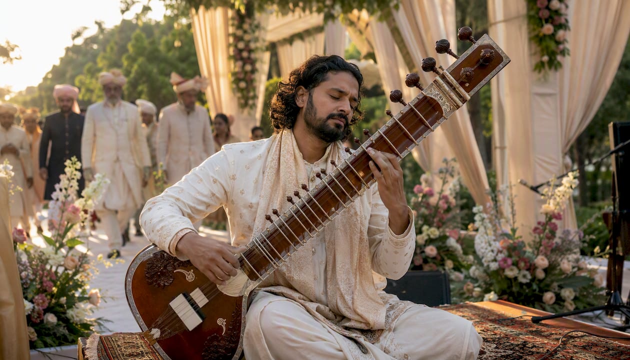 Rajib Karmakar sitarrajib Ceremony Processional Music: Top Picks and Timing Tips 1 Sitar player performing seated at wedding ceremony