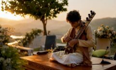 Sitarist tuning sitar outdoors at wedding