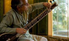 Sitar musician tuning instrument on event stage