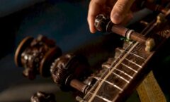 Close view of sitar strings being tuned