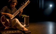 Sitarist layering live loops onstage
