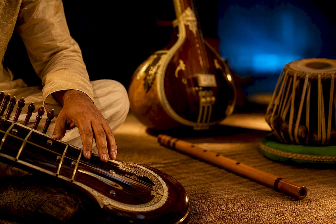Indian classical instruments on a recital stage