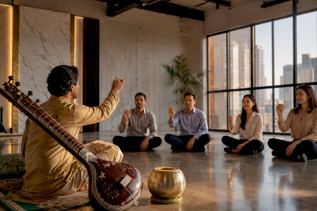 Corporate group learning Indian classical music