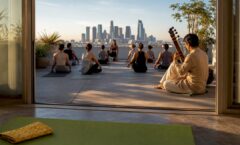Sitarist accompanying a rooftop yoga class